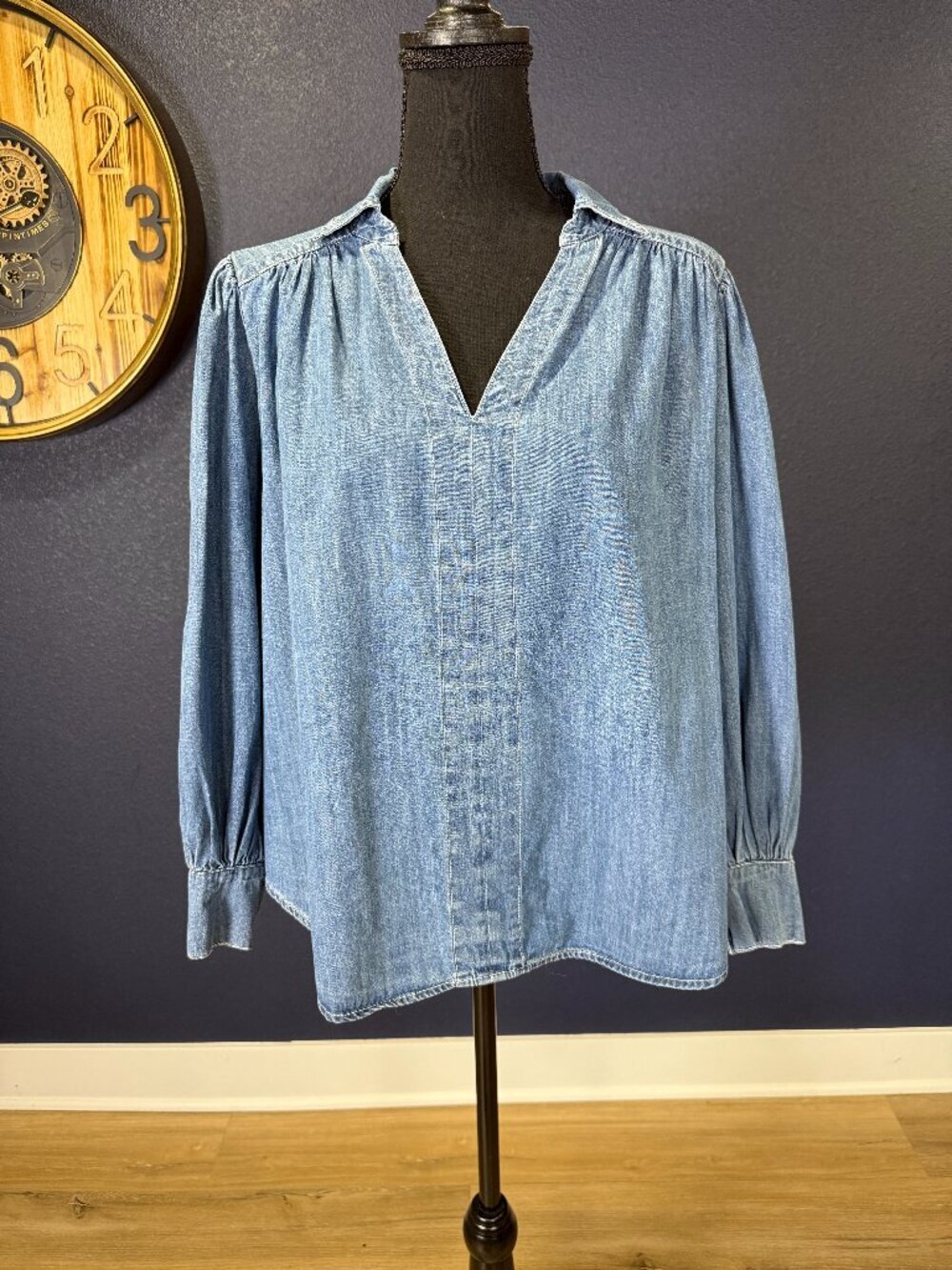 Porridge NWT Anthropologie Chambray Denim Puff Sleeve V-Neck Peasant Blouse | XS